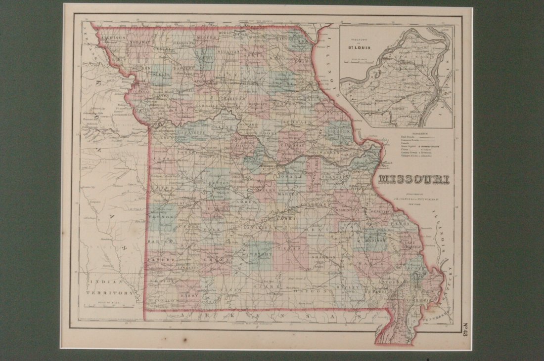 J.B. COLTON MAP OF MISSOURI 1855, ST. JOSEPH ILLUSTRATI: Includes a map of Missouri, published by J.B. Colton & Co., 1855, sight size 12.75 x 15.25 inches, 23 x 23.25 inches overall. Professionally matted in archival material. Also views from Frank Leslie's