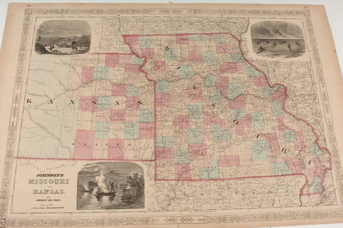 SIX 19TH CEN. JOHNSON AND COLTON MAPS OF MISSOURI: Includes two 1869 G.W. & C.B. Colton maps of Missouri, 17.25 x 28.5 inches; Johnson's Missouri and Kansas, 1865, measures 18 x 26.25 inches. Another Johnson and Ward Missouri and Kansas, 18 x 26.25 in