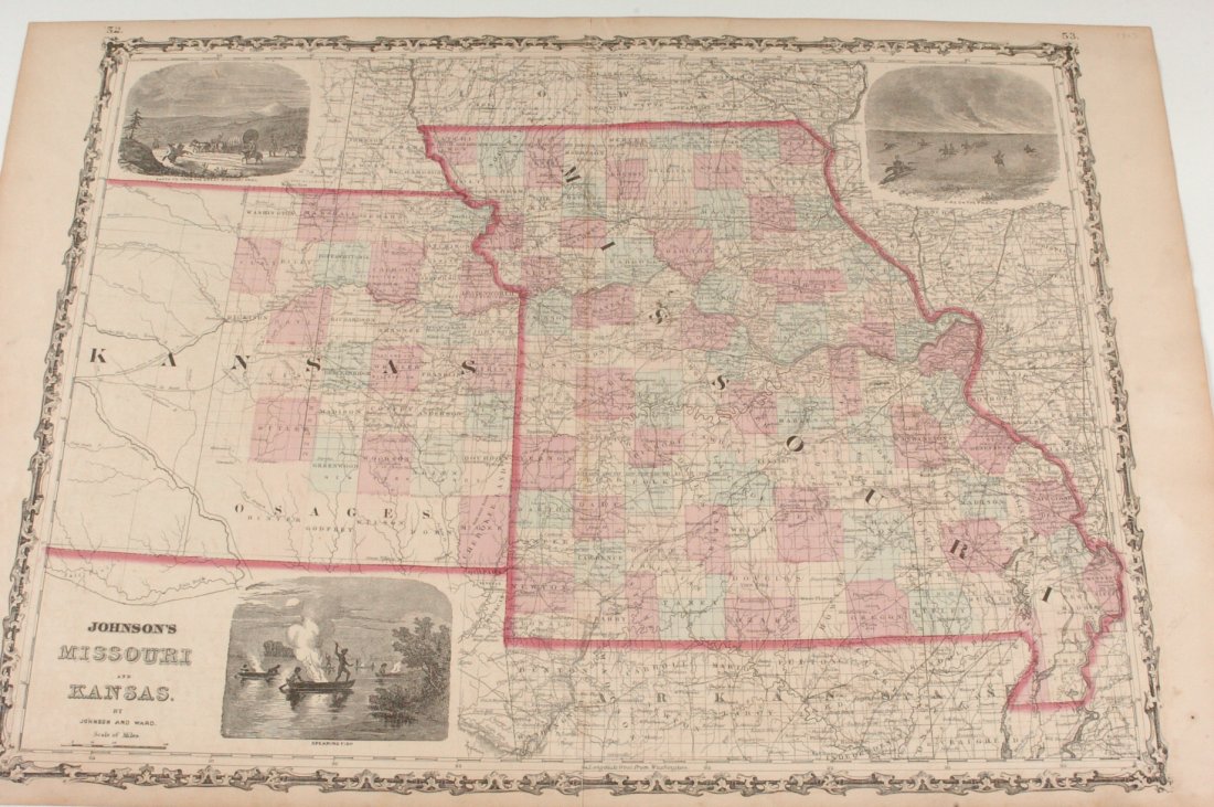 FIVE 1860'S JOHNSON & BROWNING MAPS OF MISSOURI MAPS: Maps with three vignettes, 'Spearing Fish, Fire on the Prairie,' and 'Santa Fe, From the Great Missouri Trail.' Two with vignettes in the same places, three others with the vignettes in a different or