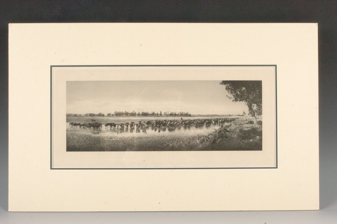 L.A. HUFFMAN COPPER PLATE GRAVURE 'THROWING THE HERD ON: Layton Alton Huffman (1879-1931). Titled 'Throwing the Herd on Water,' on all rag water marked paper. 4.75 x 13.25 image field, 13 x 21.25 inches. Professionally matted in archival material. Very good