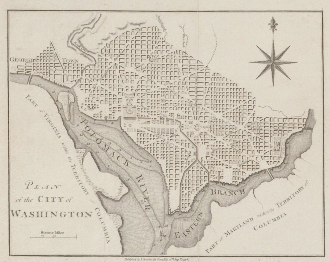 1798 PLAN OF WASHINGTON D.C.: Published by J. Stockdale, Piccadilly, 16th Sept. 1798. Plans for the city were begun on March 14, 1792 by Major Pierre Charles L'Enfant and based on a plan already sketched by Thomas Jefferson. Measu