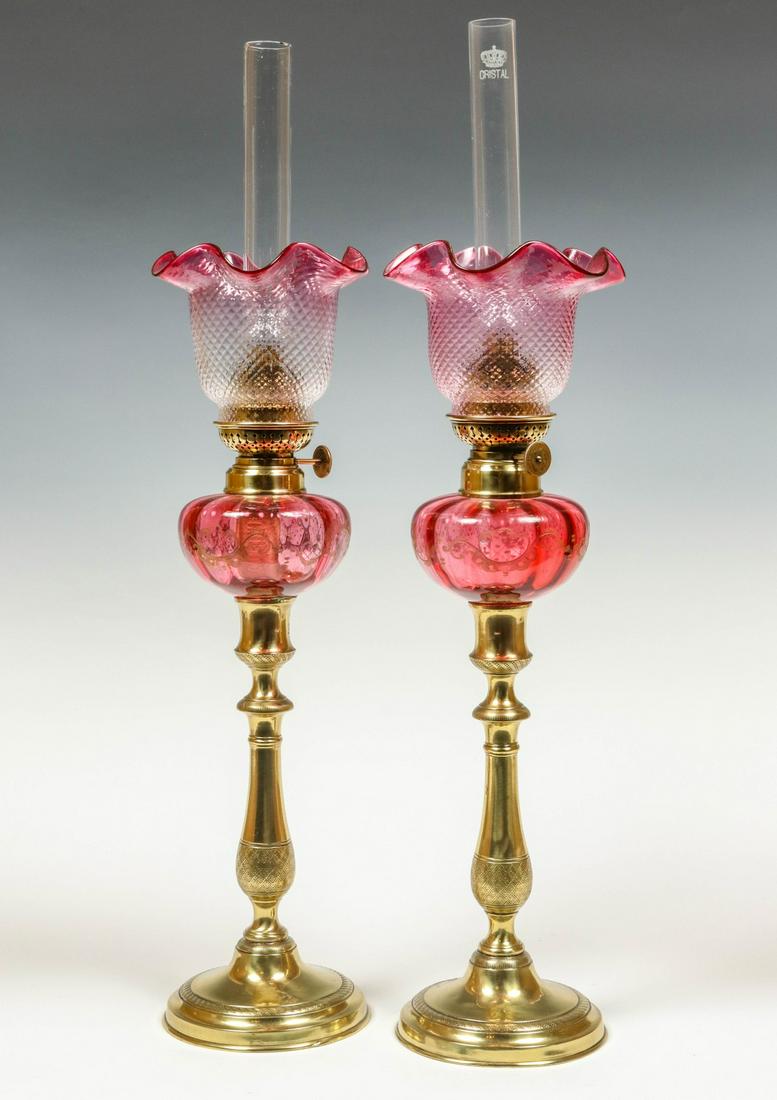 ORNATE BRASS AND CRANBERRY PEG LAMPS, RUBINA SHADES (1 of 9)