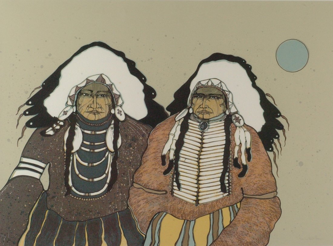 KEVIN RED STAR (BORN 1943) NATIVE AMERICAN SERIGRAPH: Title is 'Bull Show and Red Shirt', signed lower right and numbered 31/60 lower right, sight size is 22 x 30 through the mat