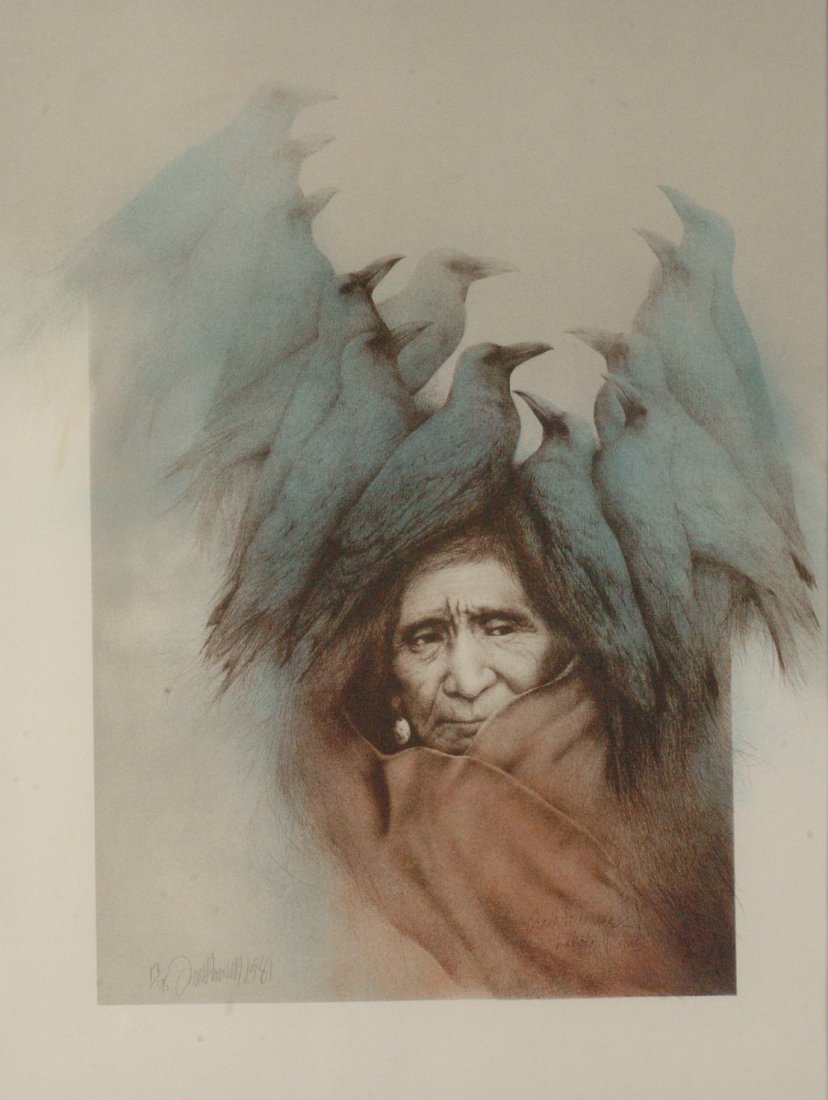 FRANK HOWELL (1937 - 1997) SIGNED NUMBERED LITHOGRAPH: Signed lower left and numbered 13/75, title is 'Crow Dreamer', blind stamps at lower right and lower left, measures 30.5 x 22.75 sight size through the mat
