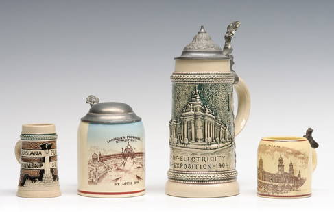 A COLLECTION OF MINIATURE STEINS 1904 WORLD'S FAIR: The four miniature beer stein souvenirs each decorated with images of the 1904 St. Louis World's Fair. Measures from 3 to 8.5 inches. Without proof of exemption, be aware that internet sales tax appli