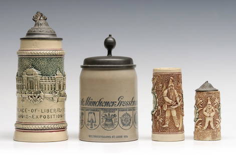 SOUVENIR BEER STEINS 1904 ST. LOUIS WORLD'S FAIR: The collection of four steins including one marked 'Vereinigte MÃ¼nchner Grossbrauereien (United Munich Breweries).' Measures from 3.5 to 8.25 inches. Without proof of exemption, be aware that inter