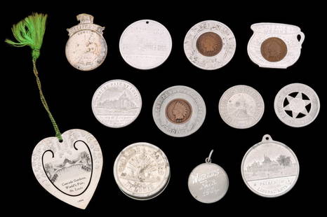 ALUMINUM SOUVENIRS AND TOKENS WITH 1904 PENNIES: Aluminum bookmark and other objects as shown along with silvered California State Seal medal, pendant, etc. Measures from 1.25 to 2.25 inches. Without proof of exemption, be aware that internet sales