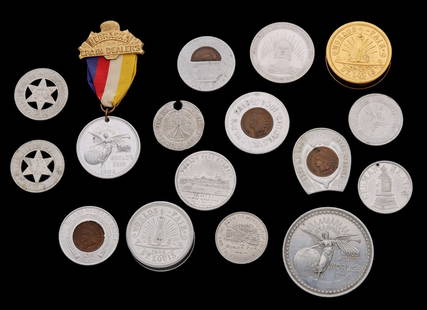 1904 WORLD'S FAIR ALUMINUM TOKENS WITH 1904 PENNIES: The collection of various examples as shown. Measures from 1.25 to 2 inches. Without proof of exemption, be aware that internet sales tax applies to all Internet transactions and local sales tax may a