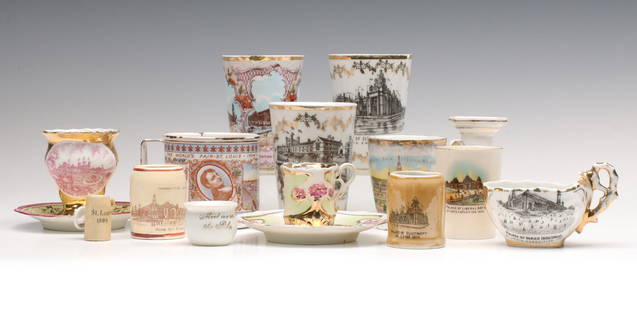 1904 WORLD'S FAIR CHINA, POTTERY AND ENAMEL WARE: The collection of souvenirs from the 1904 St. Louis Exposition is offered as shown. Measures from 1 to 3.75 inches. Without proof of exemption, be aware that internet sales tax applies to all Internet