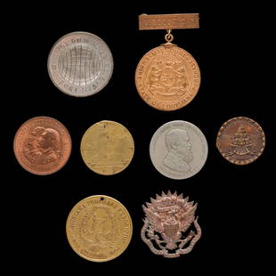 1904 ST. LOUIS WORLD'S FAIR TOKENS, PINS & MEDALS: The group as shown. Measures from 1.125 to 2.25 inches. Without proof of exemption, be aware that internet sales tax applies to all Internet transactions and local sales tax may apply to local pick-up