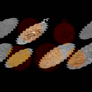 LOUISIANA PURCHASE COINS AND TOKENS: 1. Pendant with Napoleon and Jefferson profiles one side and fleur di lis eagle with enamel jewels the other. 2. Souvenir Coin of Admission with unique numeral stamp of 564. 3. Missouri Commission tok