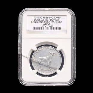 AN NGC GRADED 1904 LOUISIANA PURCHASE EXPO TOKEN: The encased token pictures a Missouri mule and state seal. Measures 1.25 inches. Without proof of exemption, be aware that internet sales tax applies to all Internet transactions and local sales tax m