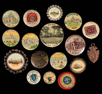 A COLLECTION OF 1904 ST. LOUIS WORLD'S FAIR BUTTONS: The collection of pin back celluloid buttons as shown, plus a J.B. Ford Company advertising watch fob. Measure 1 to 1.75 inches. Without proof of exemption, be aware that internet sales tax applies