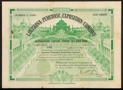 A 1904 ST. LOUIS WORLD'S FAIR $10 STOCK CERTIFICATE: The rare stock certificate for the Louisiana Purchase Exposition Company for one $10 share is signed by Walter B. Stevens and David R. Francis, number A 2580. Measures 8.5 x 11.5 inches. Without proof