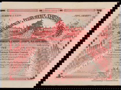 A 1904 ST. LOUIS WORLD'S FAIR $50 STOCK CERTIFICATE: The rare stock certificate for Louisiana Purchase Exposition Company for five $10 shares is signed by Walter B. Stevens and David R. Francis, number C 1339. Measures 8.5 x 11.5 inches. Without proof o