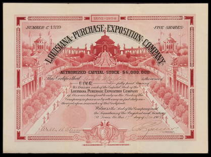 A 1904 ST. LOUIS WORLD'S FAIR $50 STOCK CERTIFICATE: The rare stock certificate for Louisiana Purchase Exposition Company for five $10 shares is signed by Walter B. Stevens and David R. Francis, number C 1339. Measures 8.5 x 11.5 inches. Without