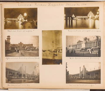 PHOTO ALBUM DATED 1902-1907 INCLUDING WORLD'S FAIR: The photo album containing hundreds of original, presumably unique, emulsion photos titled by hand written captions dated 1902 to 1907. Includes four photos of the construction of the World's Fair bui