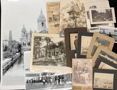 1904 WORLD'S FAIR CABINET CARDS AND ALBUMEN PHOTOS: The collection includes real photo postcards, cabinet cards and emulsion photos. Plus a couple of contemporary silver gelatin prints from old negatives. Postcards measure 3.5 x 5.5 inches. Cabinet car