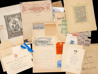 A COLLECTION OF 1904 WORLD'S FAIR PAPER EPHEMERA: The collection includes: Correspondence for The Inside Inn; U.S. postage stamps plates, blocks and a First Day of Issue cover for the Louisiana Purchase Bicentennial; Invitations to the British Royal