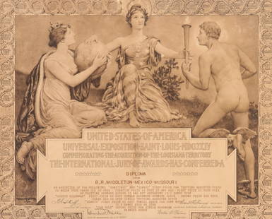 A 1904 ST. LOUIS WORLD'S FAIR FRAMED AWARD CERTIFICATE: The typed International Jury award reads Diploma Upon B.R. Middleton - Mexico - Missouri, As Exhibitor of the Following: 'Sometimes' and 'Always' First Prize for Trotting Roadster Pairs to Wagon Four