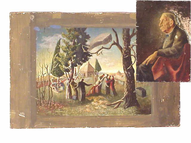 ROBERT MACDONALD GRAHAM, JR. (1919-2000): Circa 1940 panel with two studies being Old Gentleman in Red Draped Chair on one side, and a preliminary study for the well known work titled "Neighbors at the Fire". Both on the same 19.5"X13.25" pan