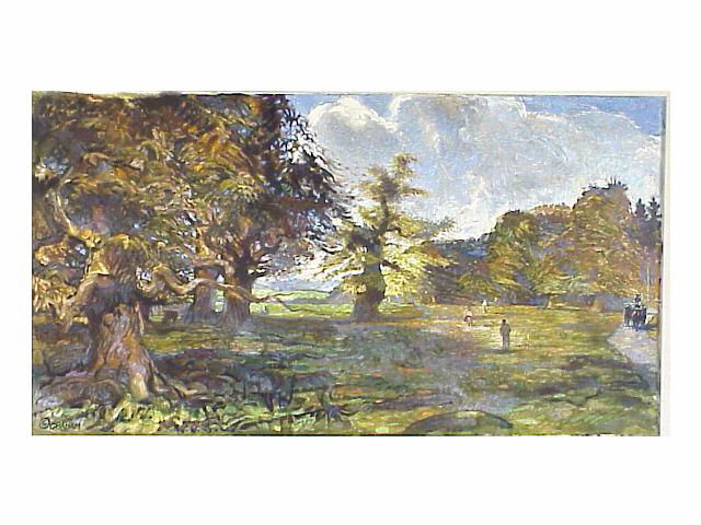 ROBERT MACDONALD GRAHAM, JR. (1919-2000): Acrylic on canvas "Muckross Grove". On stretcher: "Chestnut Gathering, Muckross" 18"X36"