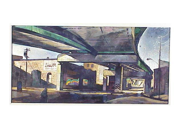 ROBERT MACDONALD GRAHAM, JR. (1919-2000): Acrylic on Masonite, "Under the Broadway Bridge, Kansas City, Missouri", 15"X30"