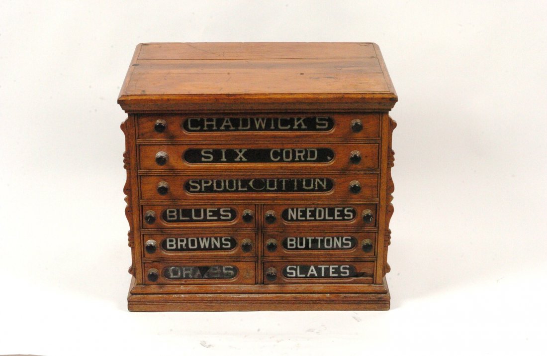GOOD CHADWICK'S SIX DRAWER OAK SPOOL CABINET WITH GLASS: Chadwick's Oak Spool Cabinet, Six Cord Spool Cotton advertising. Configured with three full drawers and six half drawers set with reverse on glass advertising inserts. Measurements 22 x 25 inches.