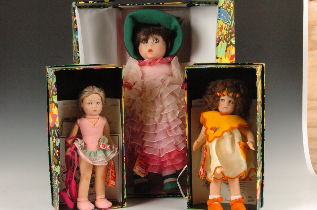 THREE LENCI DOLLS: Three 'Lenci' dolls, first is a ballerina with a certificato di origine # 914011 AZ598 measures 13 x 6 inches, second certificato di origine number 903243 BH214 measures 13.5 x 6.5 inches, third is Ch