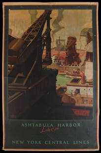 A RARE HERBERT MORTON STOOPS POSTER FOR THE NYC: The 1926 poster after a painting by the prolific illustrator Herbert Morton Stoops (1887-1948) pictures Ashtabula Harbor / Lake Erie ''Where trainloads of Appalachian coal are exchanged for cargoes