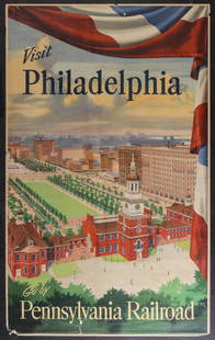 PENNSYLVANIA RAILROAD PHILADELPHIA TRAVEL POSTER: The advertising poster features Independence Hall and 'Visit Philadelphia, Go by Pennsylvania Railroad.' Measures 40.25 x 25.25 inches. Without proof of exemption, be aware that internet sales tax