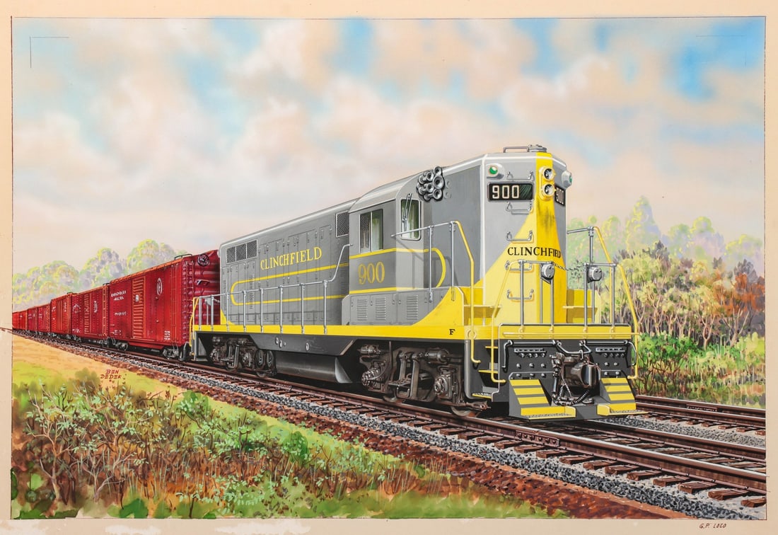 BEN DEDEK CLINCHFIELD RR ORIGINAL EMD ILLUSTRATION: The Clinchfield Railroad, short for Carolina, Clinchfield, and Ohio, operated from Kentucky to South Carolina via Tennessee, Virginia, and North Carolina. The locomotive depicted in this original goua