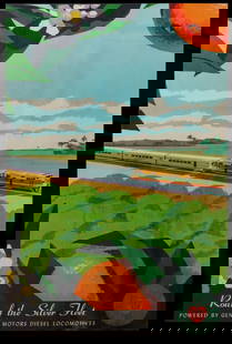SEABOARD AIR LINE RAILROAD ADVERTISING POSTER: The illustrated travel poster for Seaboard Air Line reads 'Route of the Silver Fleet, Powered by General Motors Diesel Locomotives.' Measures 20 x 12.5 inches. Without proof of exemption, be aware tha
