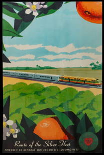 SEABOARD AIR LINE RAILROAD ADVERTISING POSTER: The illustrated travel poster for Seaboard Air Line reads 'Route of the Silver Fleet, Powered by General Motors Diesel Locomotives.' Measures 20 x 12.5 inches. Without proof of exemption, be aware