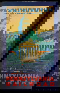 PENNSYLVANIA RAILROAD TRAVEL POSTER WASHINGTON D.C.: The mid-20th century advertising poster features prominent landmarks, titled WASHINGTON, THE CITY BEAUTIFUL. illustrated by Grif Teller (1899-1993). Measures 40 x 25 inches. Without proof of exemption