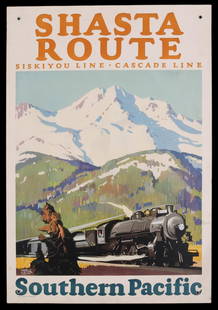 MAURICE LOGAN (1886-1977) 1927 SP RAILROAD POSTER: The placard-like poster printed on thin cardstock is mounted with grommets at each corner as shown. This does not appear to be a poster laid down to cardstock, but rather a placard with thin