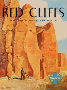 WILLARD ELMS (1900-1956) SANTA FE RR POSTER: The original Santa Fe Railroad poster promoting travel to RED CLIFFS, CONTINENTAL DIVIDE, NEW MEXICO is after the original painting by Willard Frederick Elms (1900-1956). Not a reproduction. The