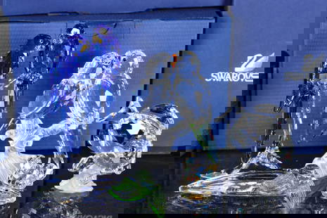 FIVE SWAROVSKI CRYSTAL FIGURES WITH BOXES: 1. Hyacinth Macaws, signed Wattens, 5004730. 2. Budgies A 7651 NR 000 012/680627. 3. Blue Tang Fish, A 9100 NR 000 067/883822. 4. 2008-2010 Wildlife Eplaquswaro 50467. 5. Replica Mounse 5134826. All w