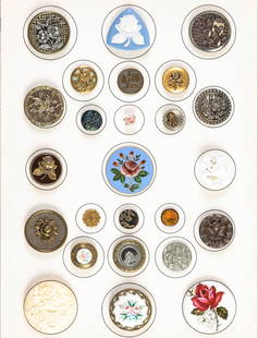 A VARIETY OF ANTIQUE & VINTAGE SEWING BUTTONS: The carded collection of enameled, ceramic, brass, two-piece, figural, and carved buttons is offered as shown. Sizes range from 0.375 to 1.75 inches. The blue enameled button is 1.625 inches. Without