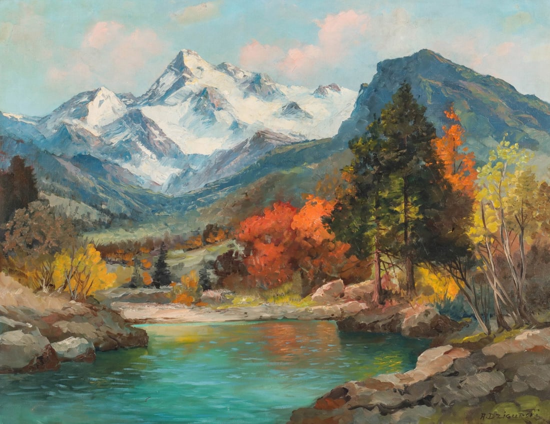 ALEXANDER DZIGURSKI (1911-1995) OIL ON CANVAS: Alexander A. Dzigurski (California, 1911-1995) Untitled Rocky Mountain Landscape Mid 20th Century The mountain landscape in fall foliage is signed lower right front and displayed in the original custo