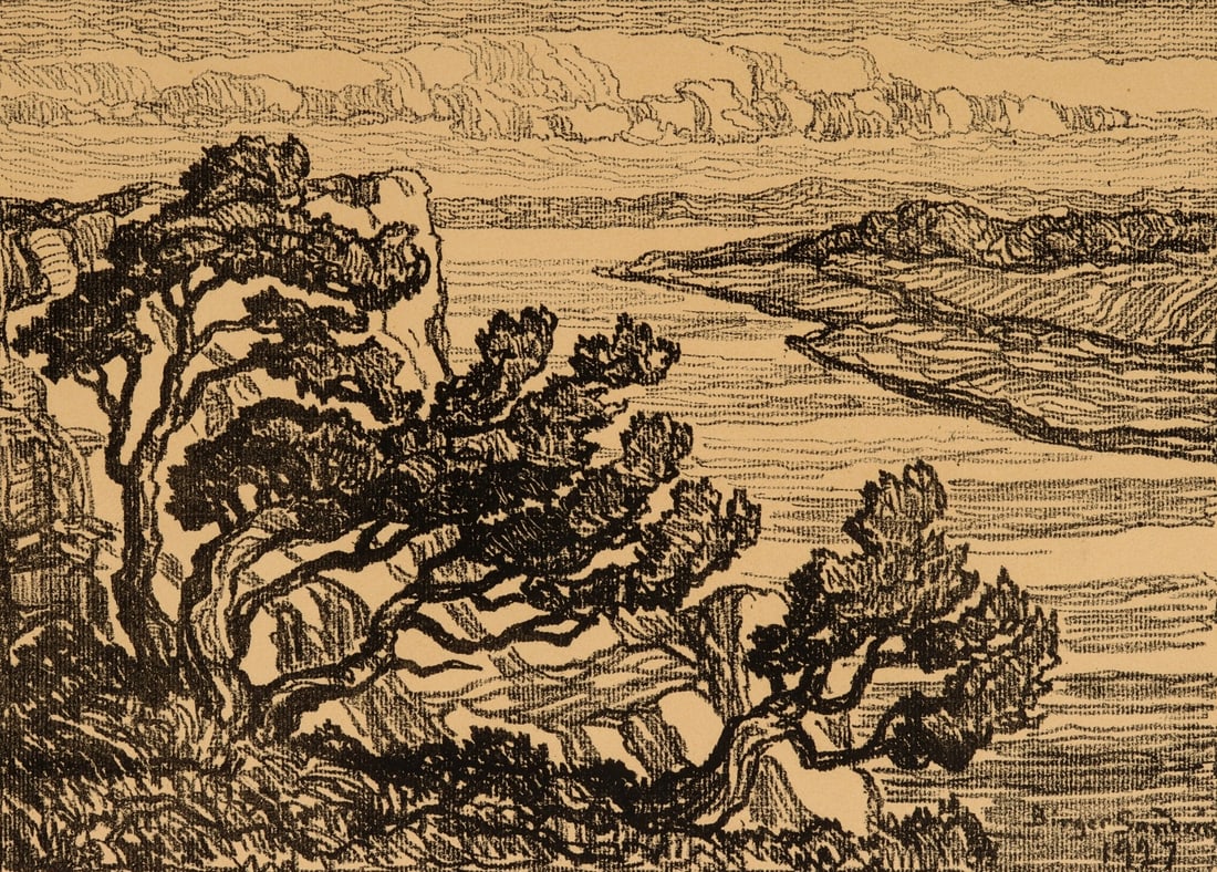 BIRGER SANDZEN (1871-1954) PENCIL SIGNED LITHOGRAPH: Birger Sandzen (1871-1954) Riverbank with Cedars 1927 The lithograph published in an edition of 100 prints is signed by the artist in pencil below the image lower left and titled lower right, also sig