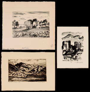 ADOLPH DEHN, EDWIN FULWIDER, CHESTER LEICH PRINTS: 1. Edwin Fulwider(1913-2003) lithograph signed by the artist in pencil lower right and dated '35. Image measures 4 x 3, sheet is 5.5 x 4 inches. 2. Adolf Arthur Dehn (1895-1968), pencil signed. Farm i