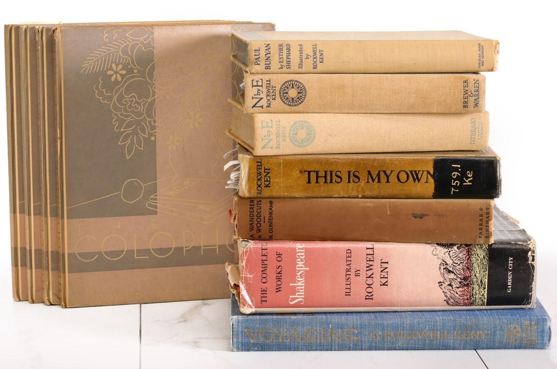 SEVEN BOOKS ILLUSTRATED BY ROCKWELL KENT, COLOPHON 1931: 1) Four copies of The Colophon, Part Eight. New York. 1931, each tabbed in pencil signed lithograph by Victoria Hutson (1900-1971) signed lower right and dated 1931. 2) A collection of books illustrat