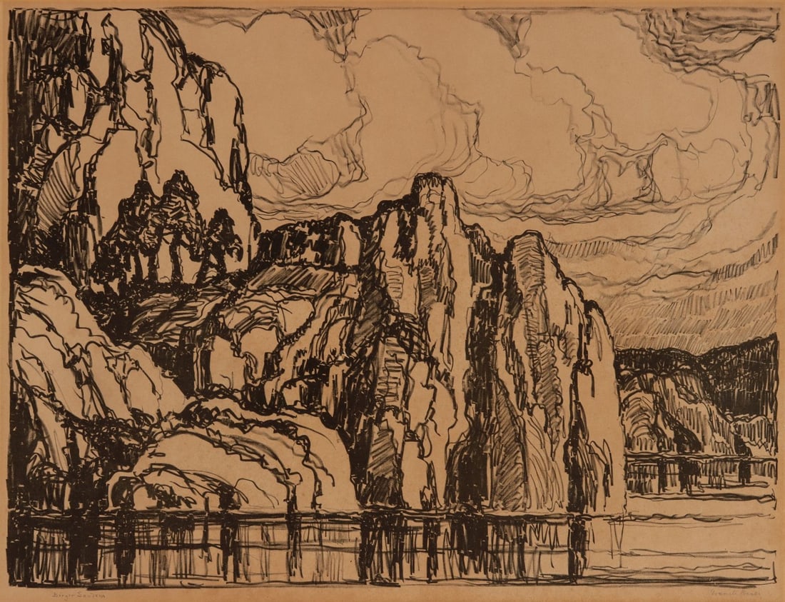 BIRGER SANDZEN (1871-1954) PENCIL SIGNED LITHOGRAPH: Birger Sandzen (1871-1954) Granite Banks 1923 The lithograph published in an edition of 100 prints is signed by the artist in pencil below the image lower left and titled lower right. Listed in the ar