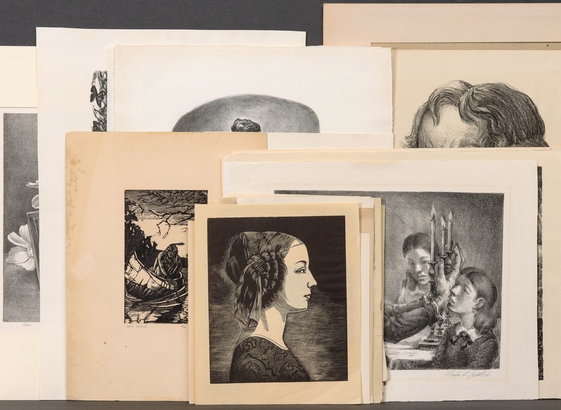 ALFRED WANDS, S. J. WOOLF, 40 OTHER PRINTS & BOOKPLATES: 1. Samuel Johnson Woolf (1880-1948) pencil signed lithograph with AAA label. 2. Alfred James Wands (1904-1998) pencil signed lithograph. 3. Peter Hurd unsigned lithograph. Forty unidentified pencil si