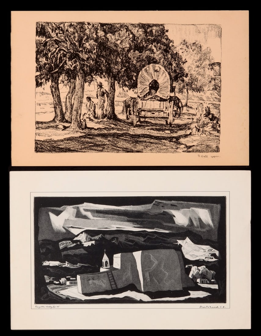 RUSSELL ARTHUR NATT LITHO AND OFFSET AFTER DOEL REED: 1) Russell Arthur Natt (1902-1928) The lithograph is signed by the artist in lower right along with the notation 'approv.' 2) Doel Reed (Oklahoma, 1895-1985) mechanical print. Forgotten Valley Image
