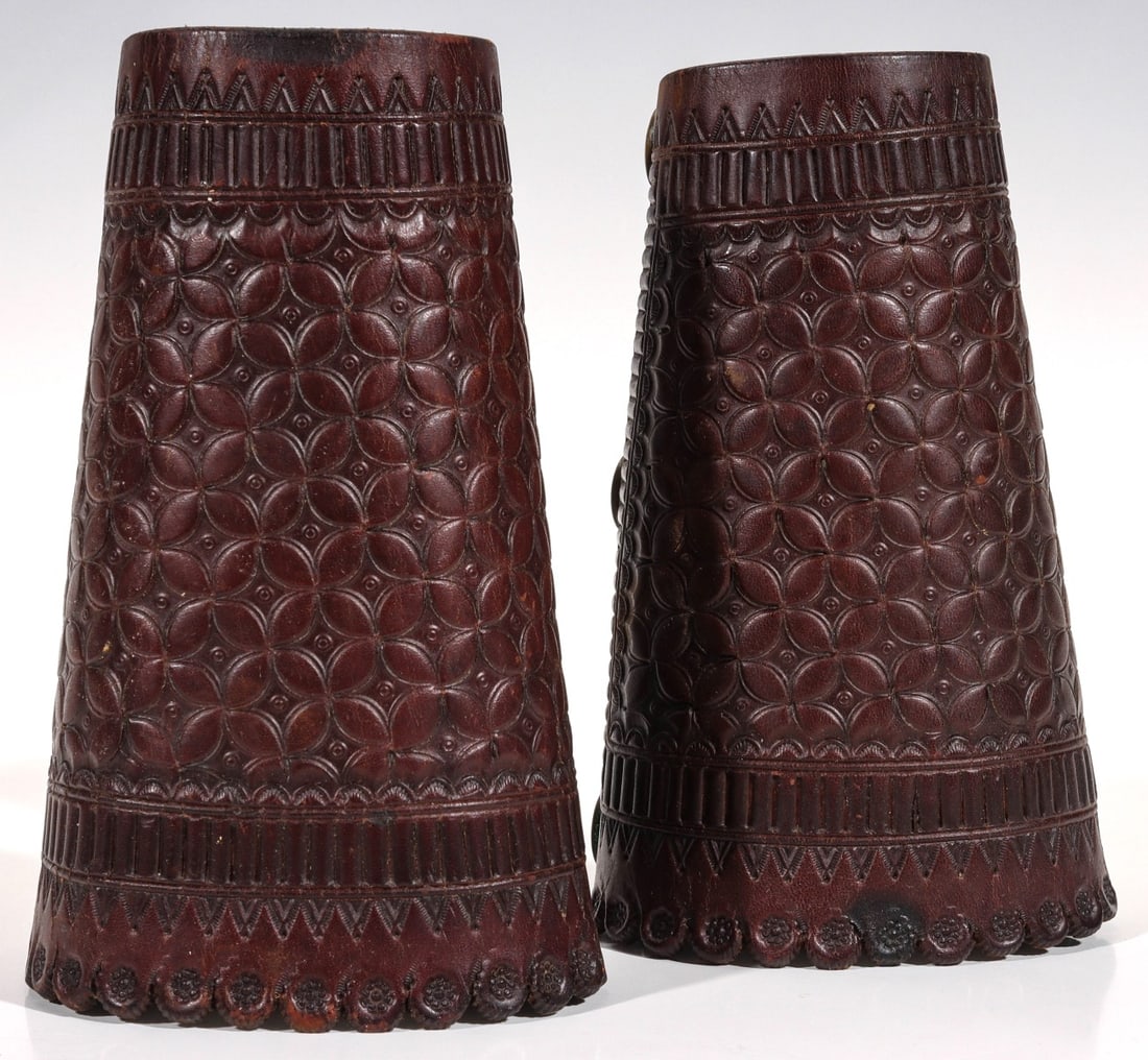 Handsome Tooled Leather Cuffs Signed C.p. Shipley Auction