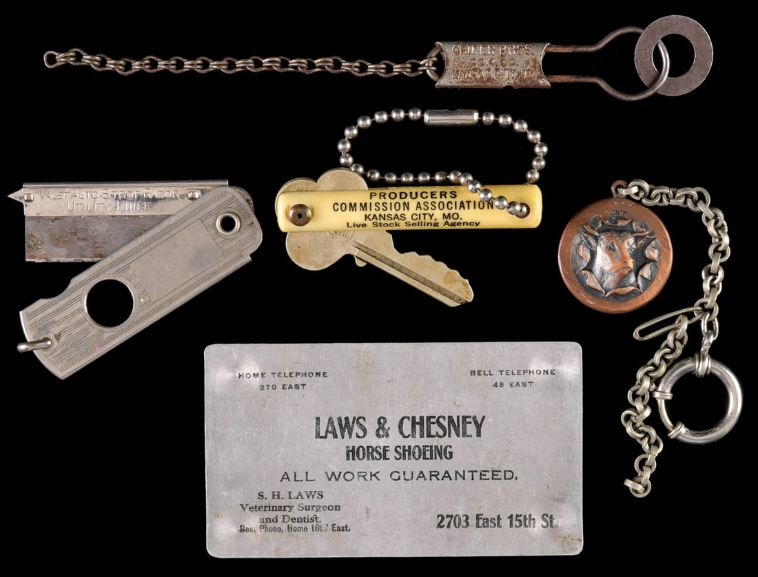 KC SHOEING, VETERINARY AND LIVESTOCK COMM ADVERTISING: The collection as shown. Measures 1 to 3.5 inches. Provenance: John Royle Trust and Living Estate, Independence, Missouri. Without proof of exemption, be aware that internet sales tax applies to all I