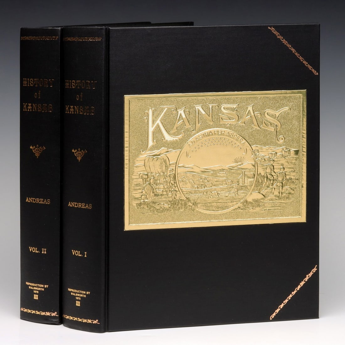 REPRINT OF THE HISTORY OF KANSAS 1883 IN TWO VOLUMES: Measure 12.25 inches each. Provenance: John Royle Trust and Living Estate, Independence, Missouri. Without proof of exemption, be aware that internet sales tax applies to all Internet transactions and