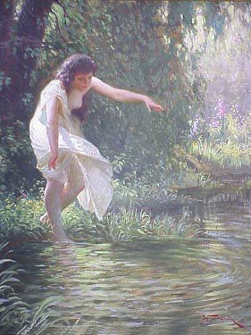 Joseph Tomanek oil on board of nymph: 23"X20" overall size of custom made frame for the 17.5"X14"work by Joseph Tomanek of Chicago, IL (1885-1974). This is a larger than usual size for the nudes that Tomanek is famous for, with soft color